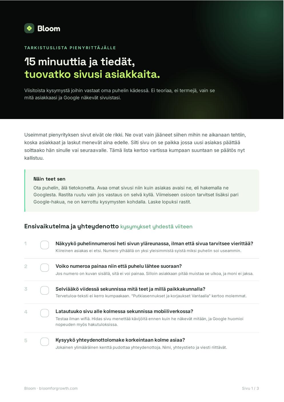 Bloomin ilmainen tarkistuslista pienyrittäjälle